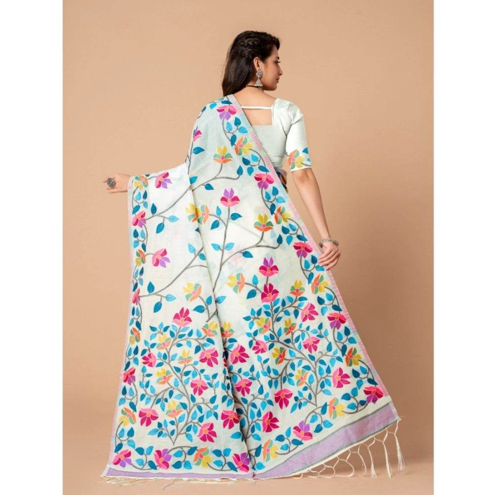 Generic Women's Cotton Printed Saree With Unstitched Blouse (White, 5-6 Mtrs) - MYLUXURY LANE ENTERPRISE