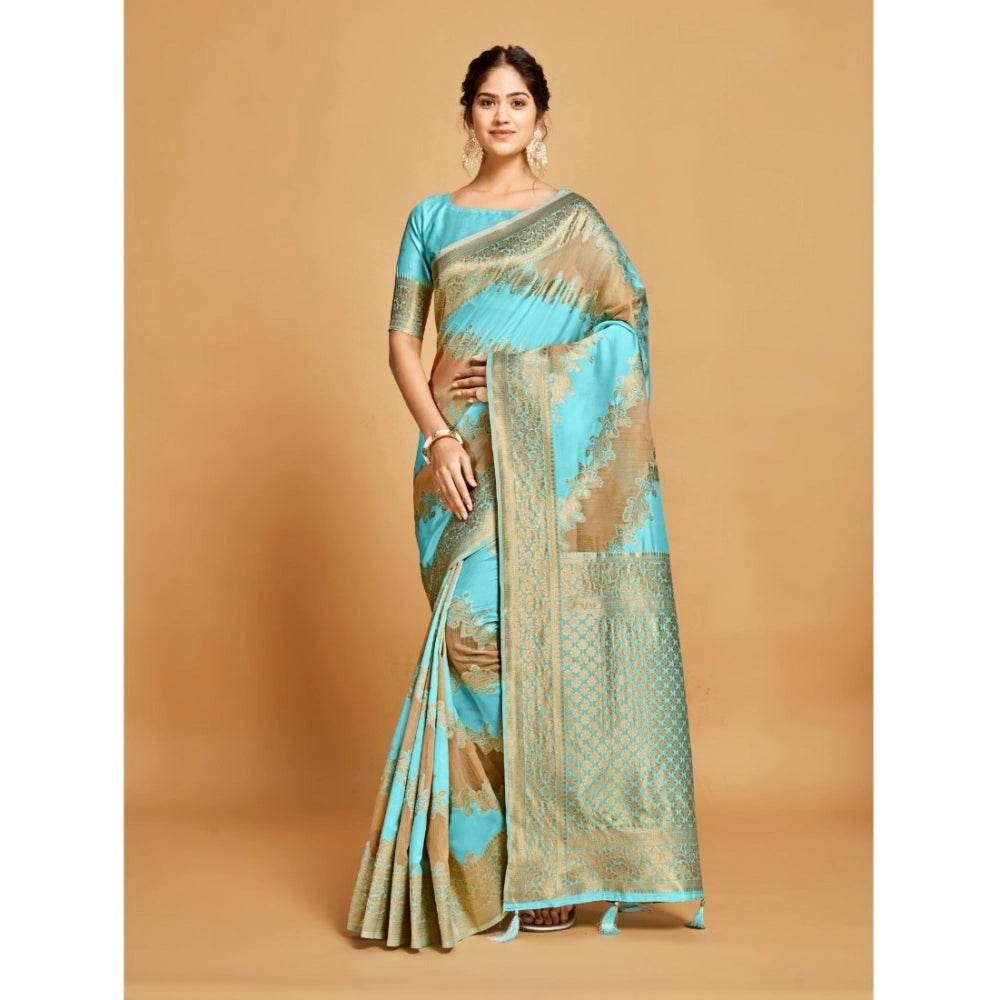 Generic Women's Linen Printed Saree With Unstitched Blouse (Sky Blue, 5-6 Mtrs) - MYLUXURY LANE ENTERPRISE