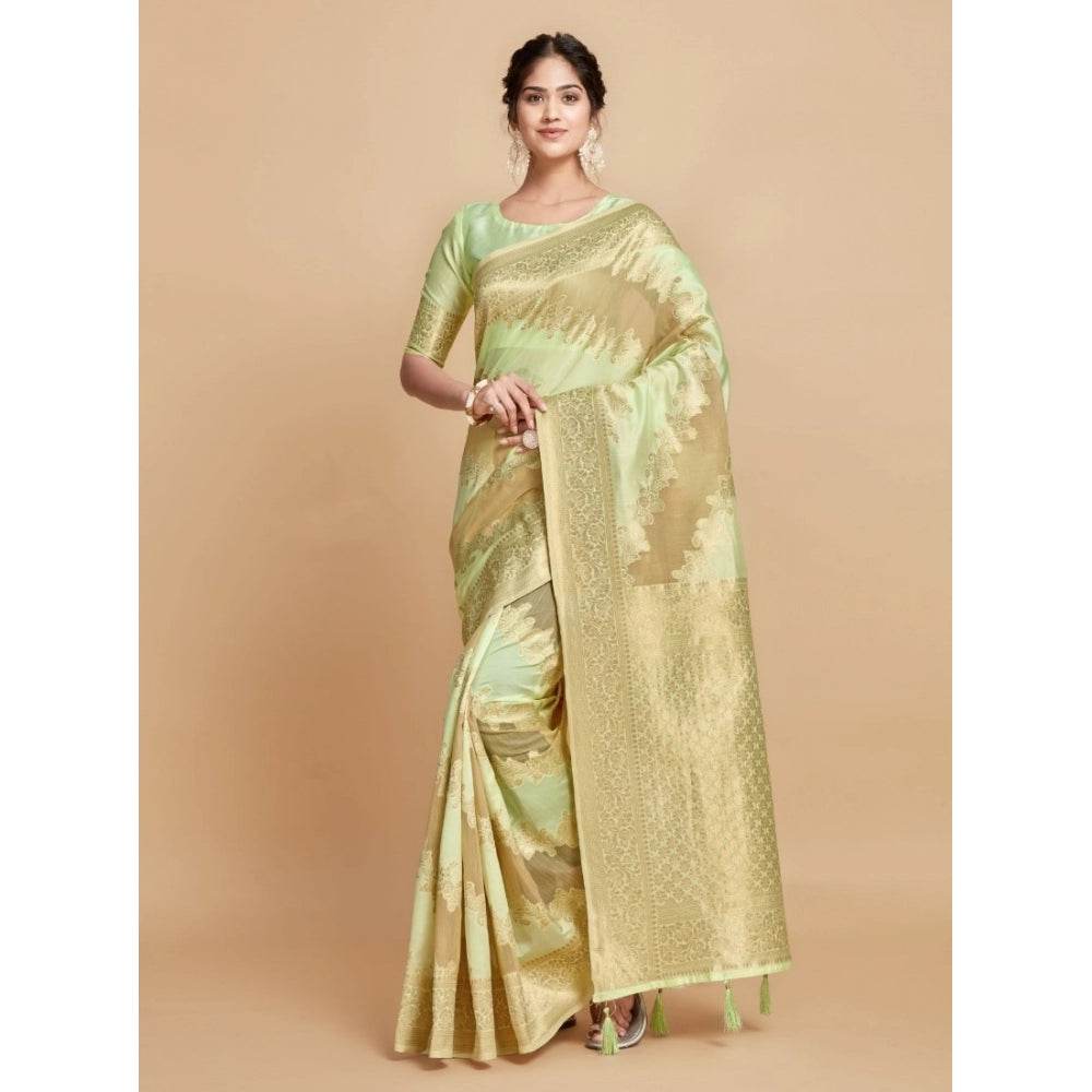 Generic Women's Linen Printed Saree With Unstitched Blouse (Pista, 5-6 Mtrs) - MYLUXURY LANE ENTERPRISE