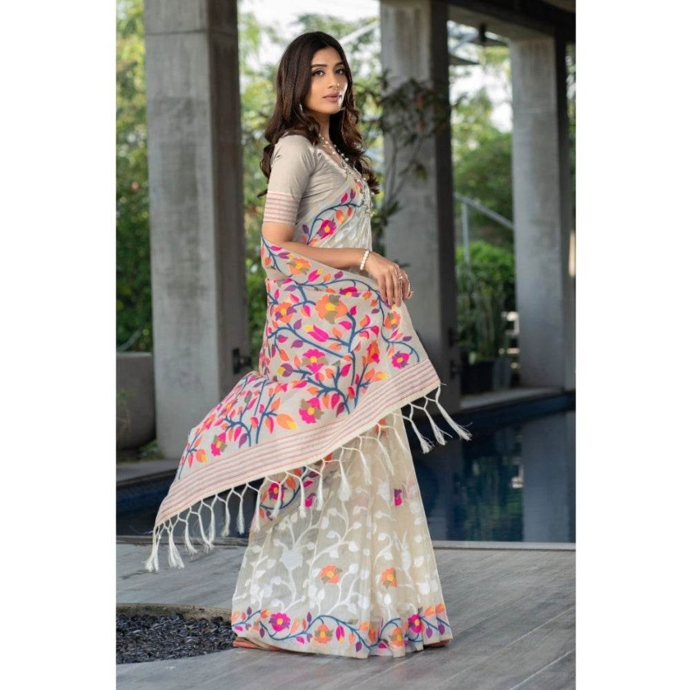 Generic Women's Cotton Printed Saree With Unstitched Blouse (Off-White, 5-6 Mtrs) - MYLUXURY LANE ENTERPRISE