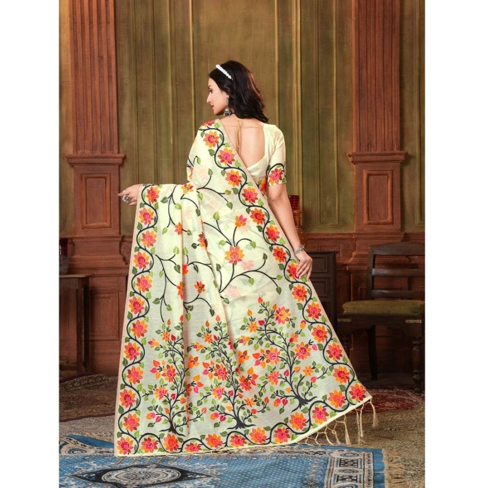 Generic Women's Organza Printed Saree With Unstitched Blouse (White, 5-6 Mtrs) - MYLUXURY LANE ENTERPRISE