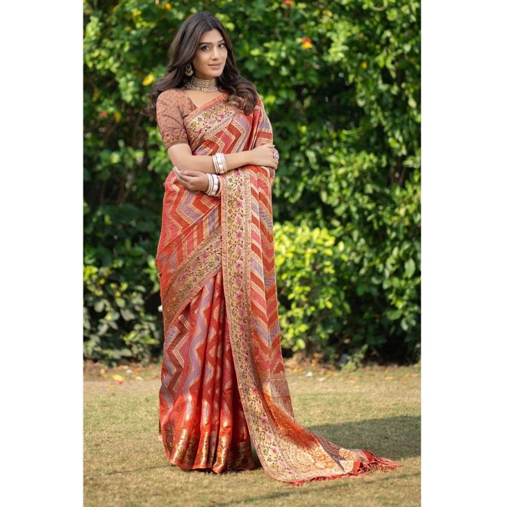 Generic Women's Organza Printed Saree With Unstitched Blouse (Orange, 5-6 Mtrs) - MYLUXURY LANE ENTERPRISE