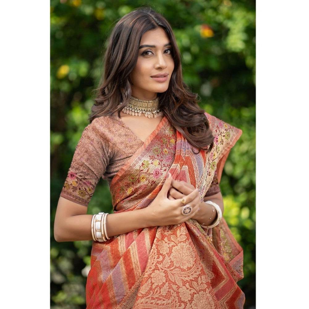 Generic Women's Organza Printed Saree With Unstitched Blouse (Orange, 5-6 Mtrs) - MYLUXURY LANE ENTERPRISE