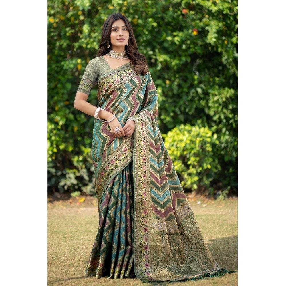 Generic Women's Organza Printed Saree With Unstitched Blouse (Green, 5-6 Mtrs) - MYLUXURY LANE ENTERPRISE