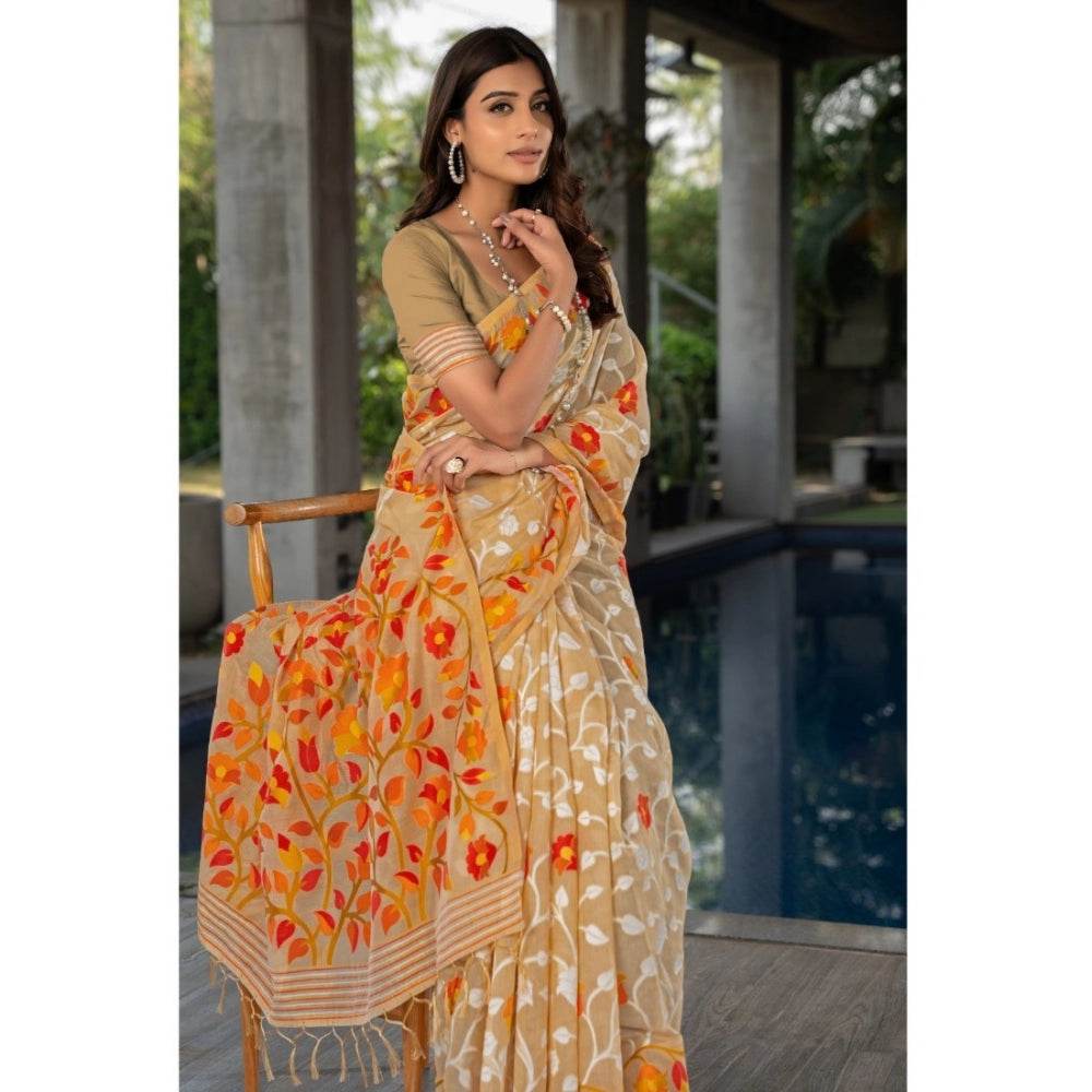Generic Women's Cotton Printed Saree With Unstitched Blouse (Beige, 5-6 Mtrs) - MYLUXURY LANE ENTERPRISE