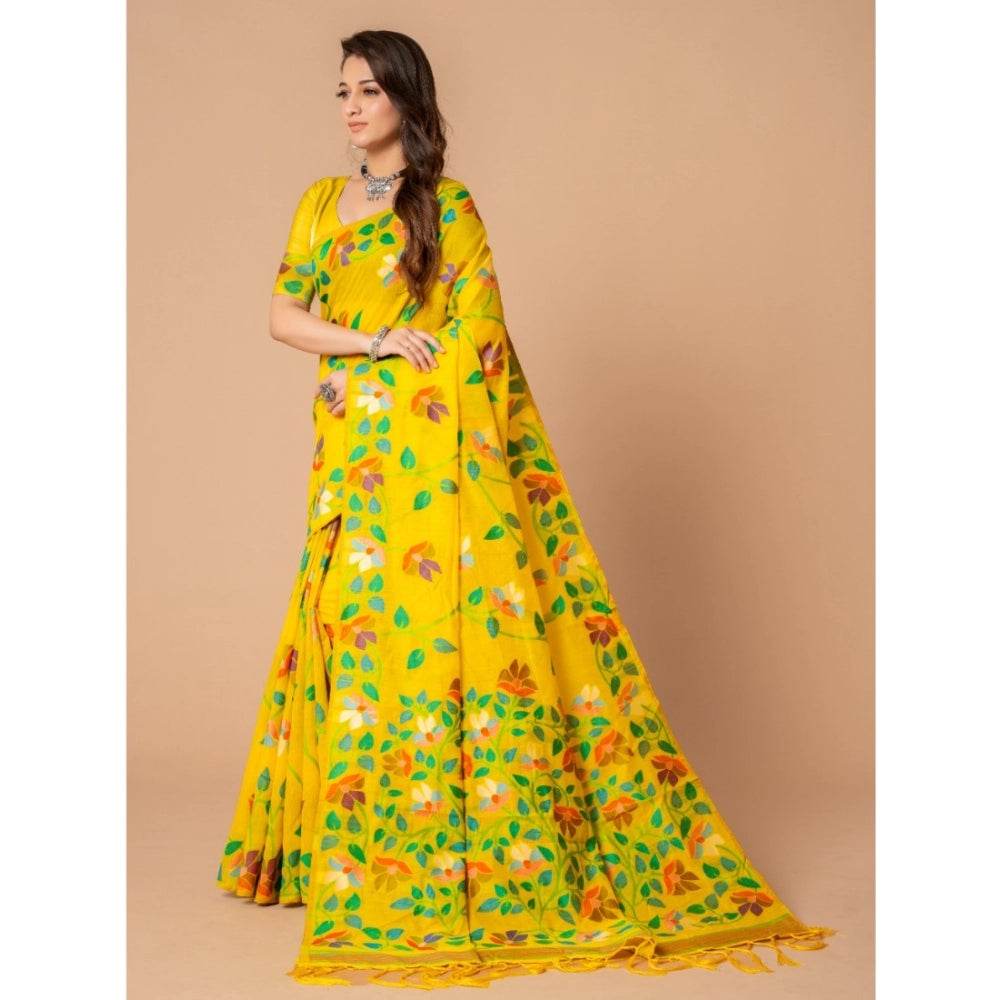 Generic Women's Cotton Printed Saree With Unstitched Blouse (Yellow, 5-6 Mtrs) - MYLUXURY LANE ENTERPRISE