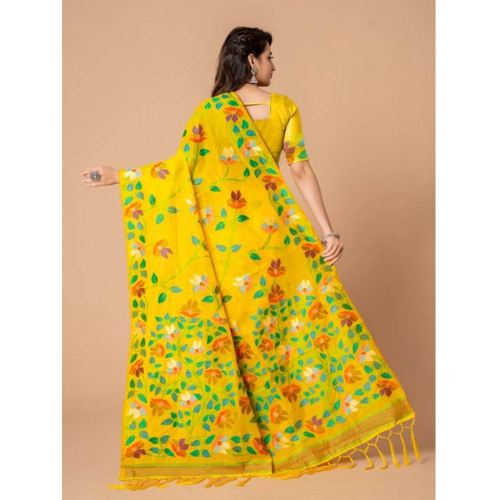 Generic Women's Cotton Printed Saree With Unstitched Blouse (Yellow, 5-6 Mtrs) - MYLUXURY LANE ENTERPRISE