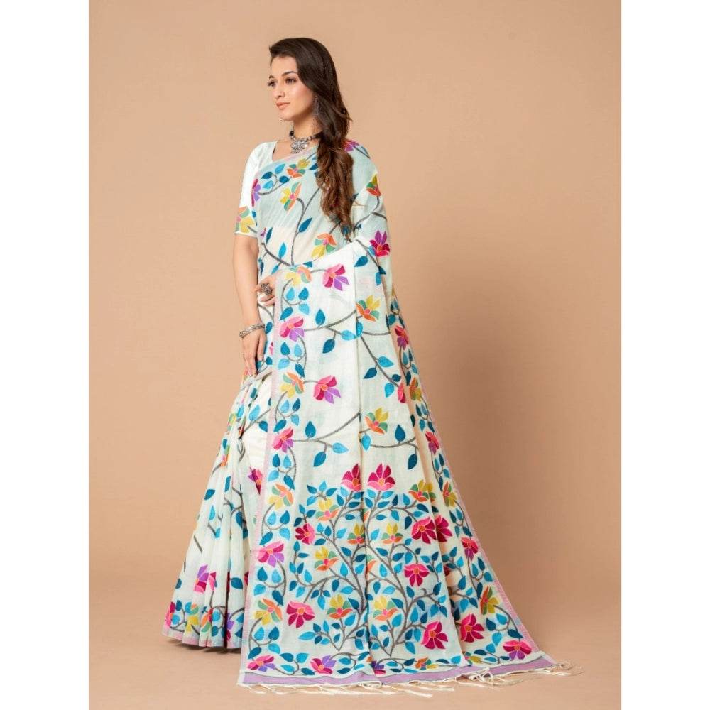 Generic Women's Cotton Printed Saree With Unstitched Blouse (White, 5-6 Mtrs) - MYLUXURY LANE ENTERPRISE