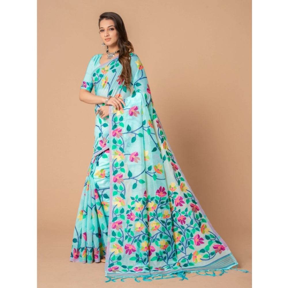 Generic Women's Cotton Printed Saree With Unstitched Blouse (Sky Blue, 5-6 Mtrs) - MYLUXURY LANE ENTERPRISE