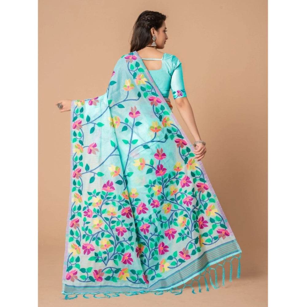 Generic Women's Cotton Printed Saree With Unstitched Blouse (Sky Blue, 5-6 Mtrs) - MYLUXURY LANE ENTERPRISE