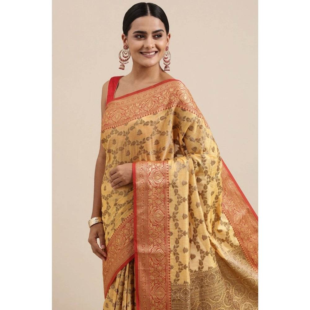 Generic Women's Chanderi Cotton Printed Saree With Unstitched Blouse (Yellow, 5-6 Mtrs) - MYLUXURY LANE ENTERPRISE