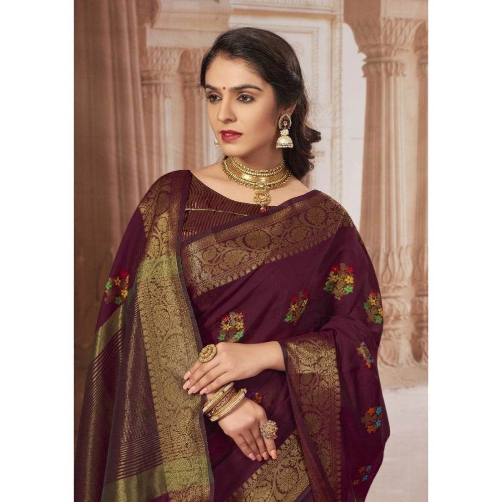 Generic Women's Chanderi Cotton Printed Saree With Unstitched Blouse (Maroon, 5-6 Mtrs) - MYLUXURY LANE ENTERPRISE