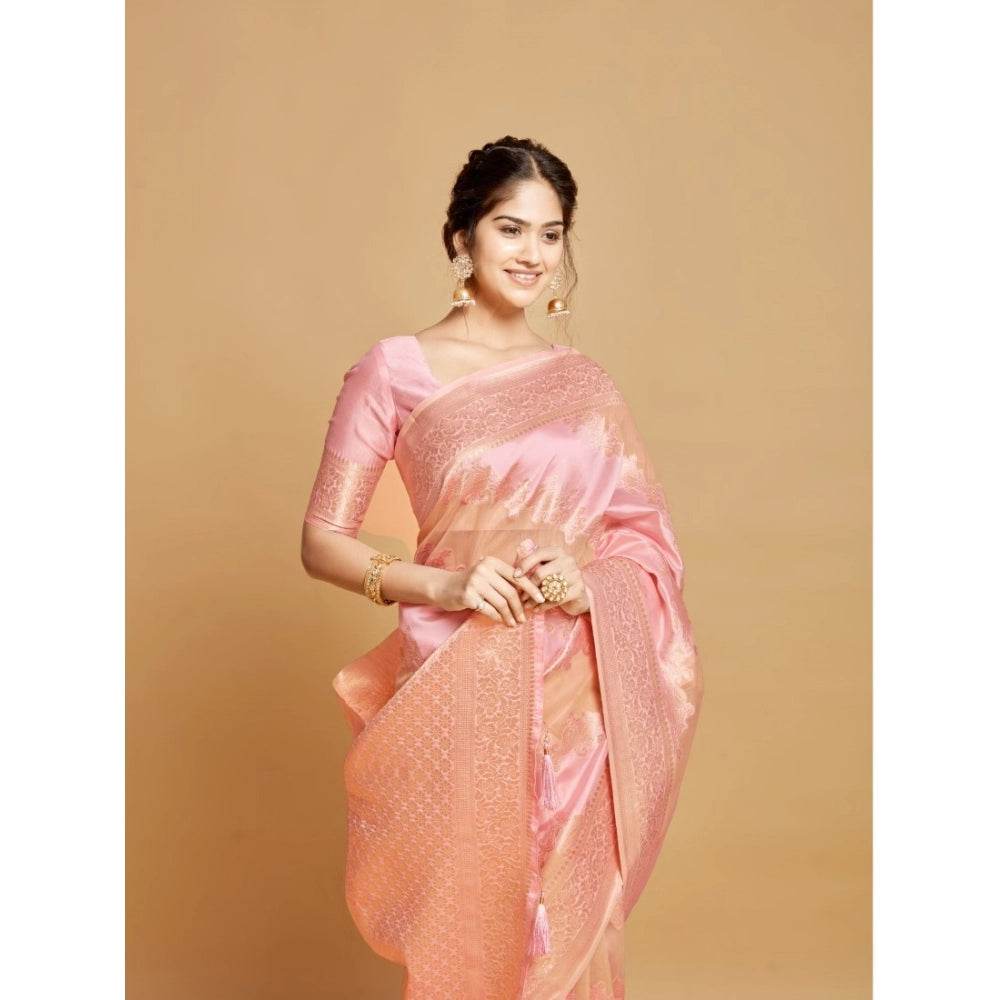 Generic Women's Linen Printed Saree With Unstitched Blouse (Pink, 5-6 Mtrs) - MYLUXURY LANE ENTERPRISE