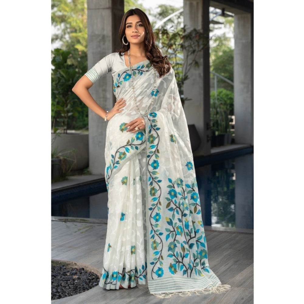 Generic Women's Cotton Printed Saree With Unstitched Blouse (White, 5-6 Mtrs) - MYLUXURY LANE ENTERPRISE
