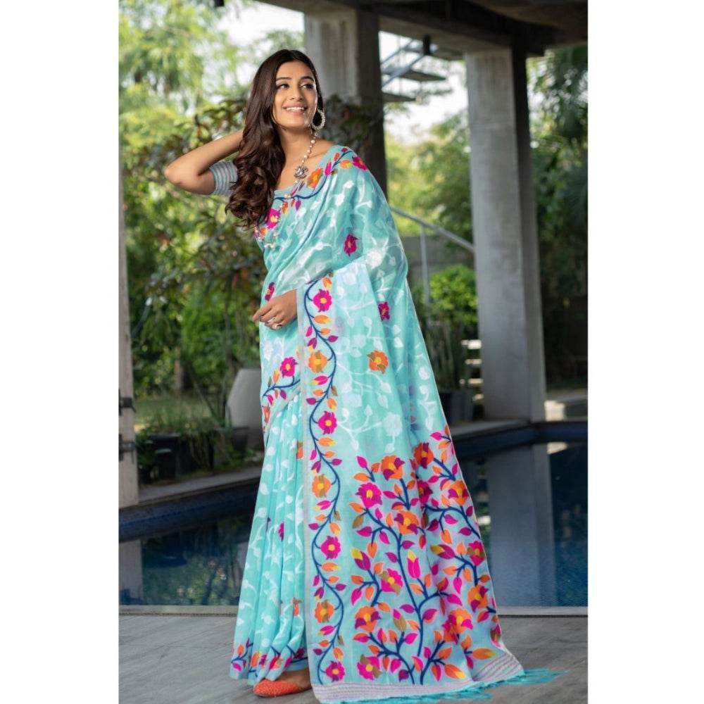 Generic Women's Cotton Printed Saree With Unstitched Blouse (Sky Blue, 5-6 Mtrs) - MYLUXURY LANE ENTERPRISE