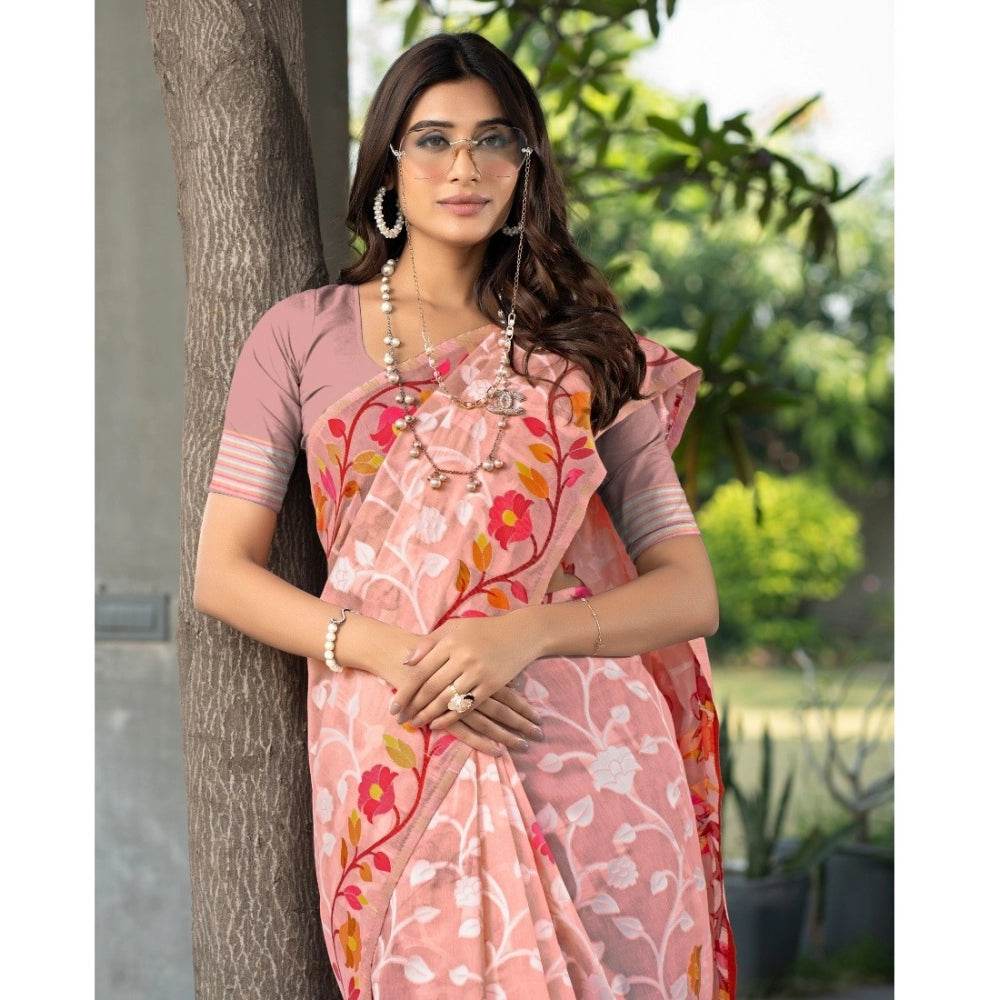 Generic Women's Cotton Printed Saree With Unstitched Blouse (Peach, 5-6 Mtrs) - MYLUXURY LANE ENTERPRISE