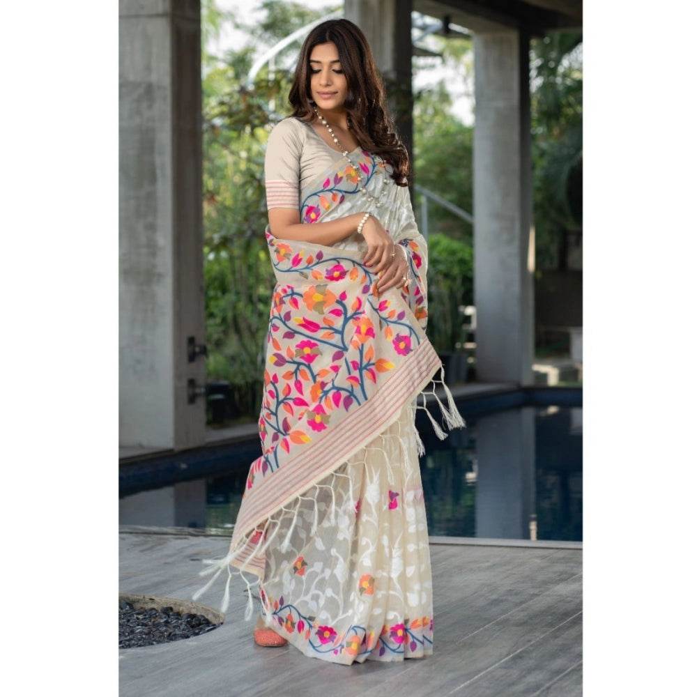 Generic Women's Cotton Printed Saree With Unstitched Blouse (Off-White, 5-6 Mtrs) - MYLUXURY LANE ENTERPRISE