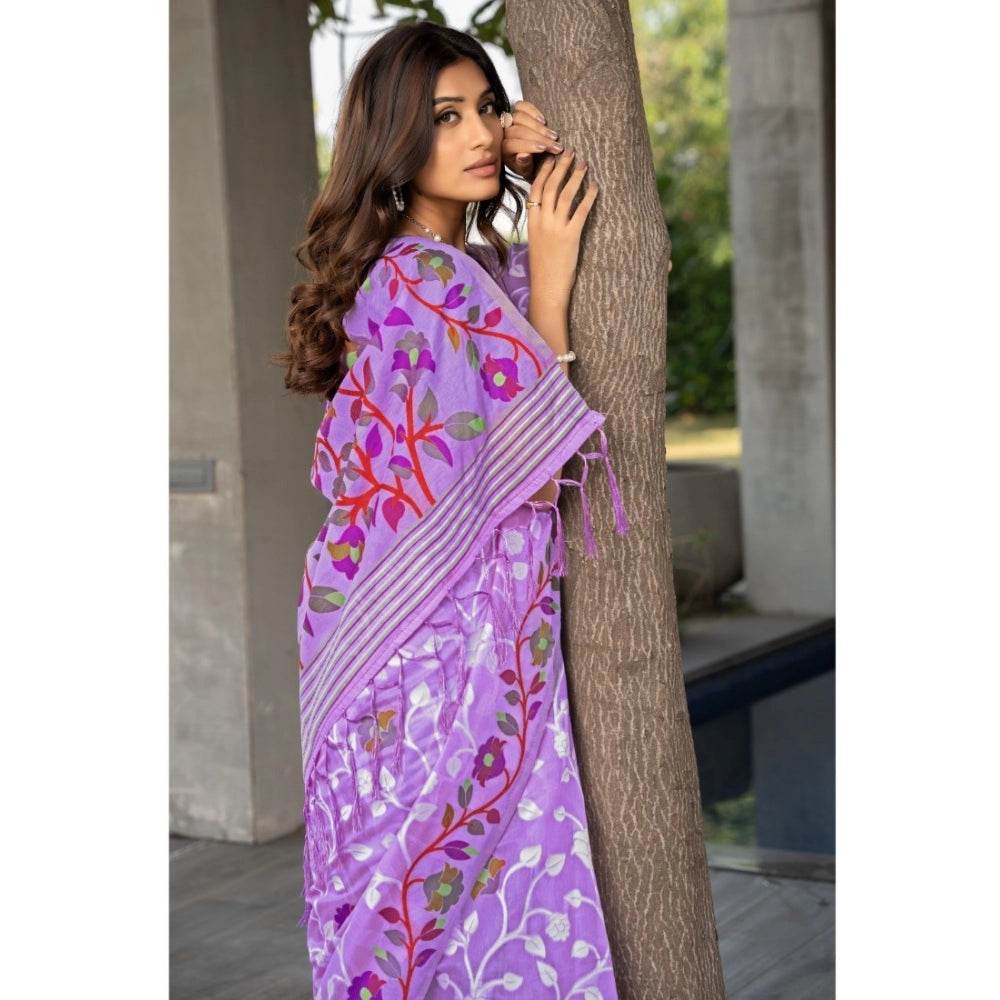 Generic Women's Cotton Printed Saree With Unstitched Blouse (Lavender, 5-6 Mtrs) - MYLUXURY LANE ENTERPRISE