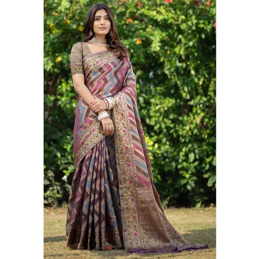 Generic Women's Organza Printed Saree With Unstitched Blouse (Wine, 5-6 Mtrs) - MYLUXURY LANE ENTERPRISE