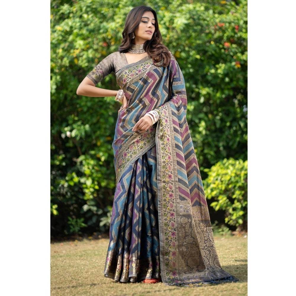 Generic Women's Organza Printed Saree With Unstitched Blouse (Teal, 5-6 Mtrs) - MYLUXURY LANE ENTERPRISE