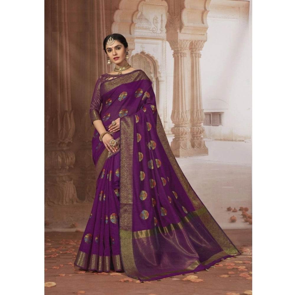 Generic Women's Chanderi Cotton Printed Saree With Unstitched Blouse (Purple, 5-6 Mtrs) - MYLUXURY LANE ENTERPRISE