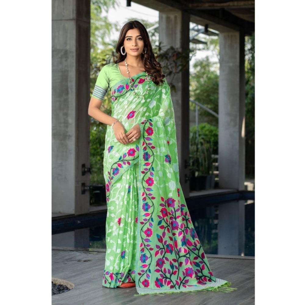 Generic Women's Cotton Printed Saree With Unstitched Blouse (Green, 5-6 Mtrs) - MYLUXURY LANE ENTERPRISE