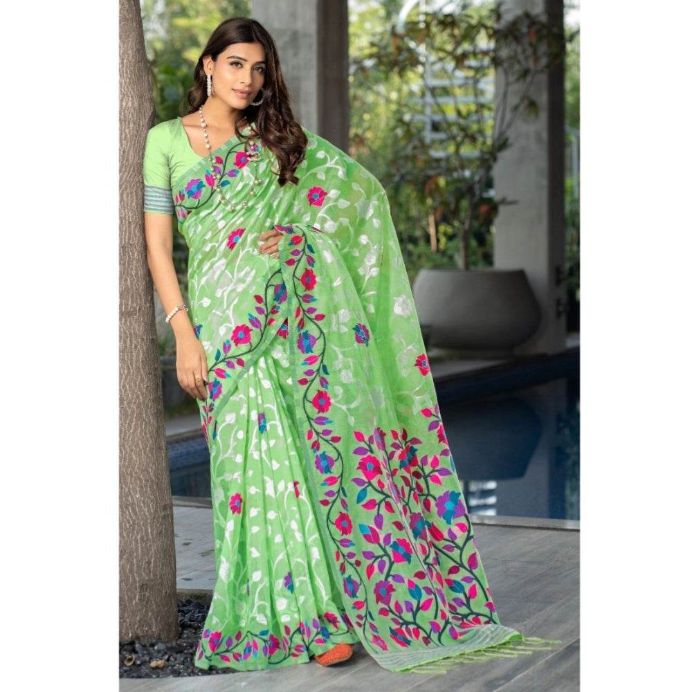 Generic Women's Cotton Printed Saree With Unstitched Blouse (Green, 5-6 Mtrs) - MYLUXURY LANE ENTERPRISE