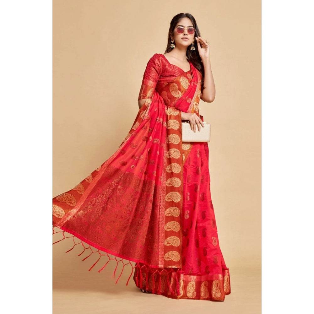 Generic Women's Chanderi Cotton Printed Saree With Unstitched Blouse (Pink, 5-6 Mtrs) - MYLUXURY LANE ENTERPRISE