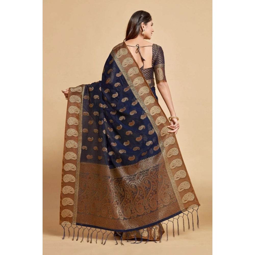 Generic Women's Chanderi Cotton Printed Saree With Unstitched Blouse (Navy Blue, 5-6 Mtrs) - MYLUXURY LANE ENTERPRISE