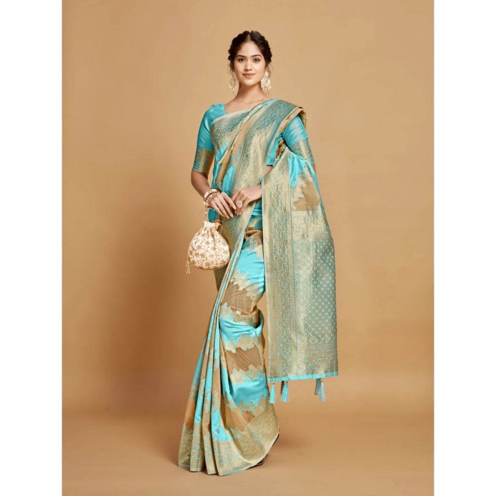 Generic Women's Linen Printed Saree With Unstitched Blouse (Sky Blue, 5-6 Mtrs) - MYLUXURY LANE ENTERPRISE