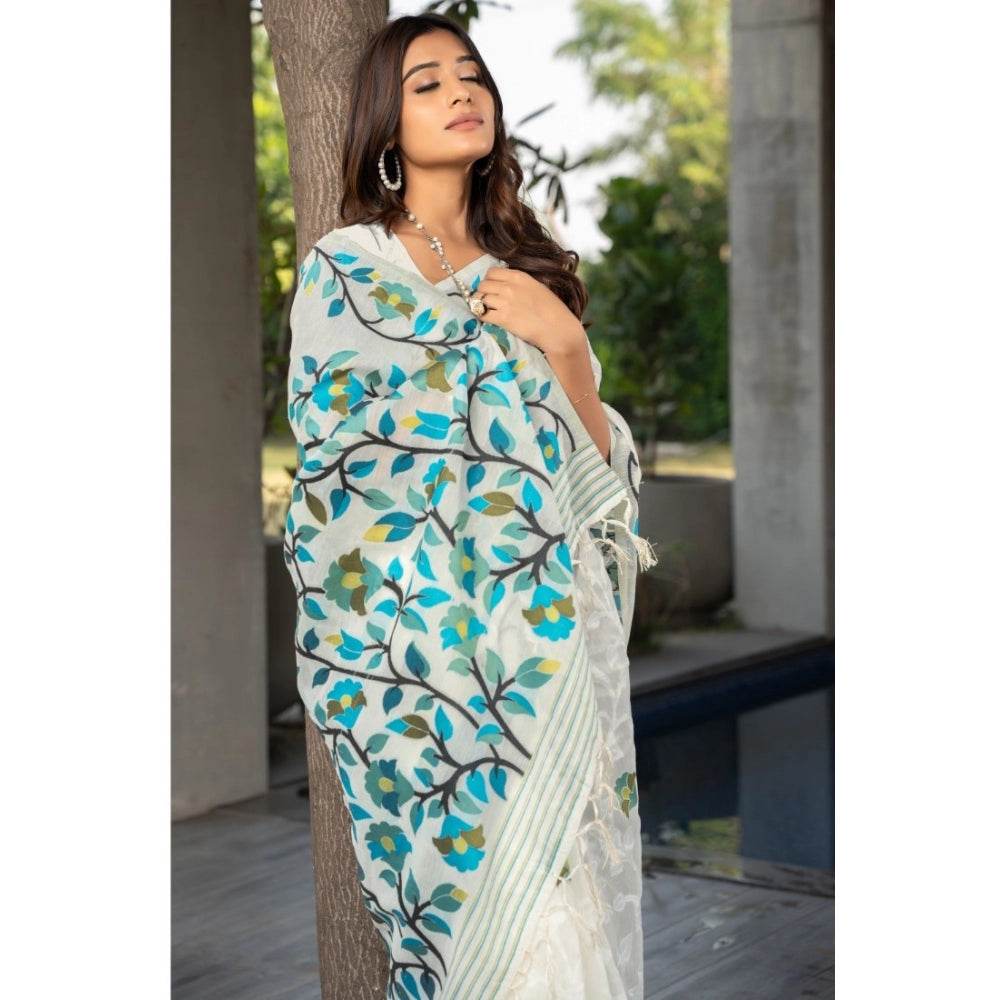 Generic Women's Cotton Printed Saree With Unstitched Blouse (White, 5-6 Mtrs) - MYLUXURY LANE ENTERPRISE
