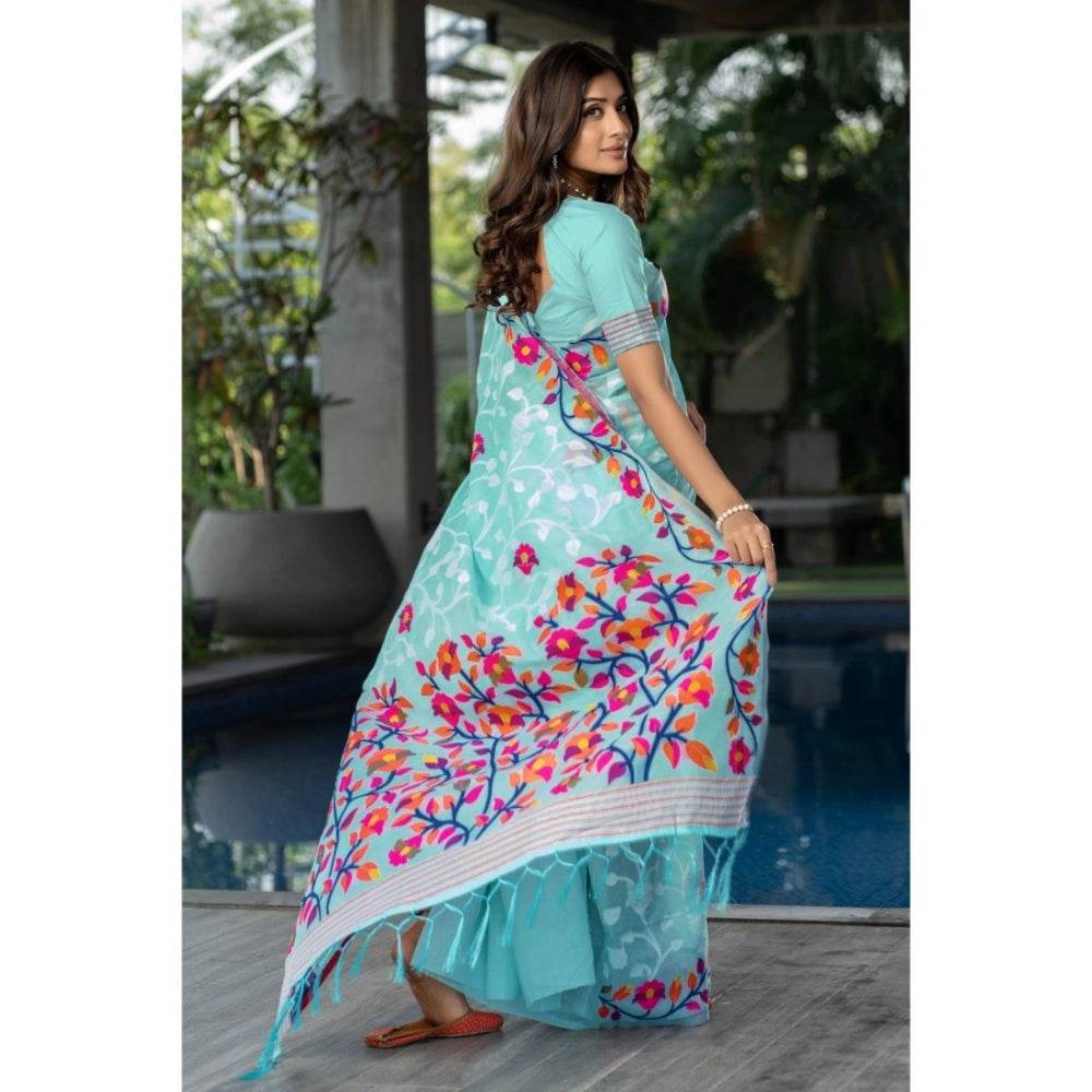 Generic Women's Cotton Printed Saree With Unstitched Blouse (Sky Blue, 5-6 Mtrs) - MYLUXURY LANE ENTERPRISE