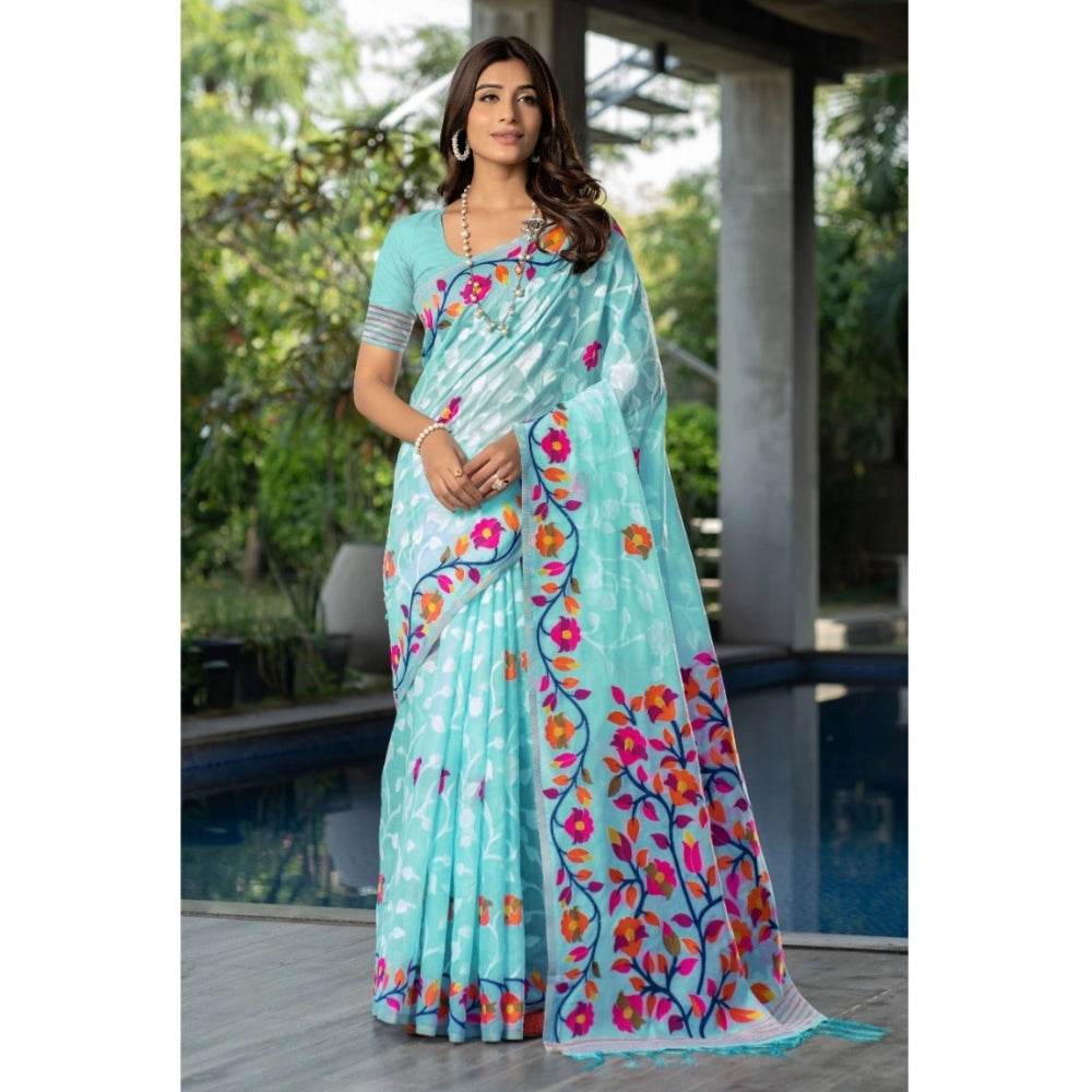 Generic Women's Cotton Printed Saree With Unstitched Blouse (Sky Blue, 5-6 Mtrs) - MYLUXURY LANE ENTERPRISE