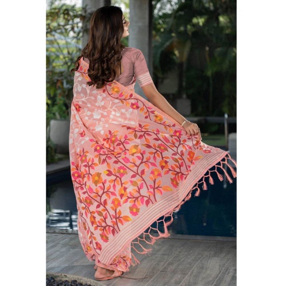 Generic Women's Cotton Printed Saree With Unstitched Blouse (Peach, 5-6 Mtrs) - MYLUXURY LANE ENTERPRISE