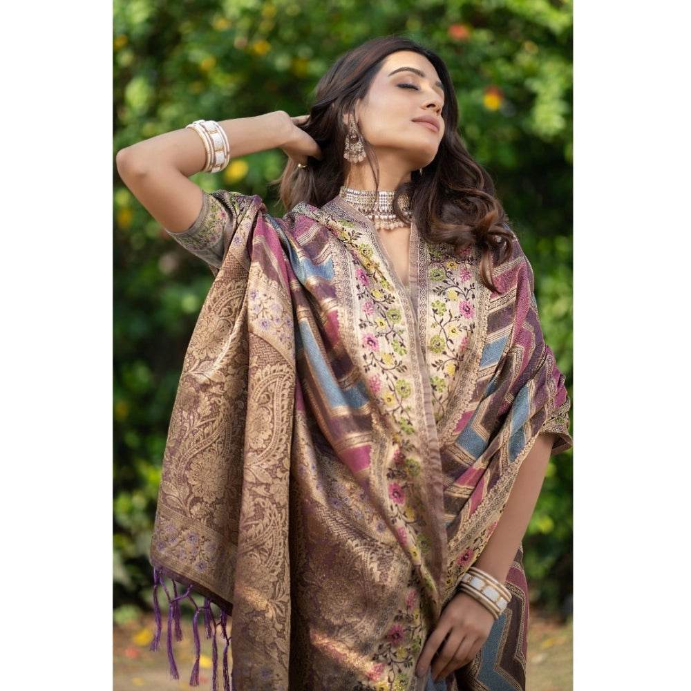 Generic Women's Organza Printed Saree With Unstitched Blouse (Wine, 5-6 Mtrs) - MYLUXURY LANE ENTERPRISE