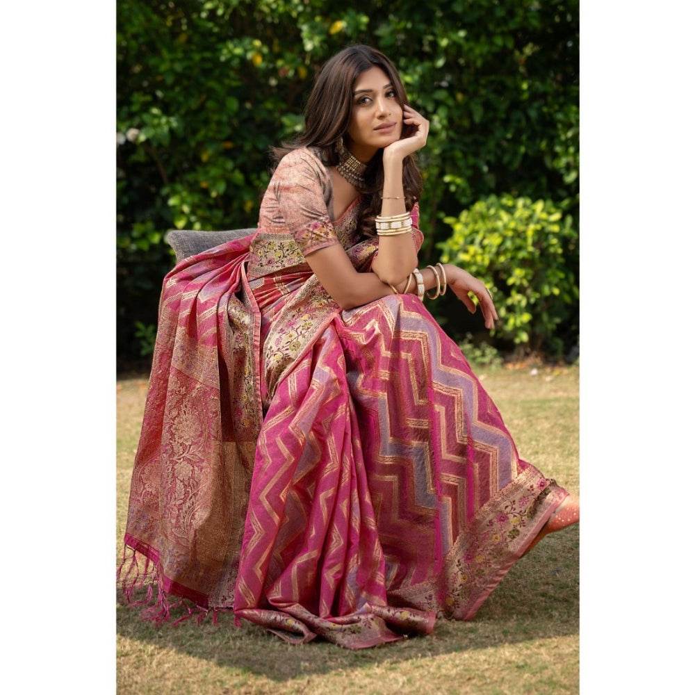 Generic Women's Organza Printed Saree With Unstitched Blouse (Pink, 5-6 Mtrs) - MYLUXURY LANE ENTERPRISE