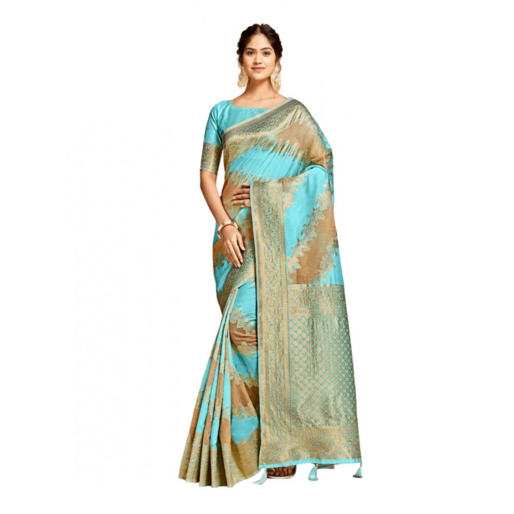 Generic Women's Linen Printed Saree With Unstitched Blouse (Sky Blue, 5-6 Mtrs) - MYLUXURY LANE ENTERPRISE