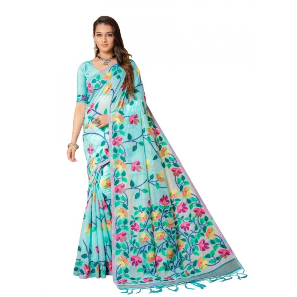 Generic Women's Cotton Printed Saree With Unstitched Blouse (Sky Blue, 5-6 Mtrs) - MYLUXURY LANE ENTERPRISE