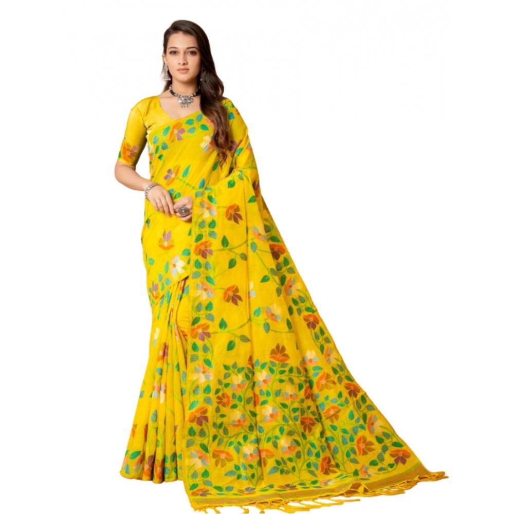 Generic Women's Cotton Printed Saree With Unstitched Blouse (Yellow, 5-6 Mtrs) - MYLUXURY LANE ENTERPRISE