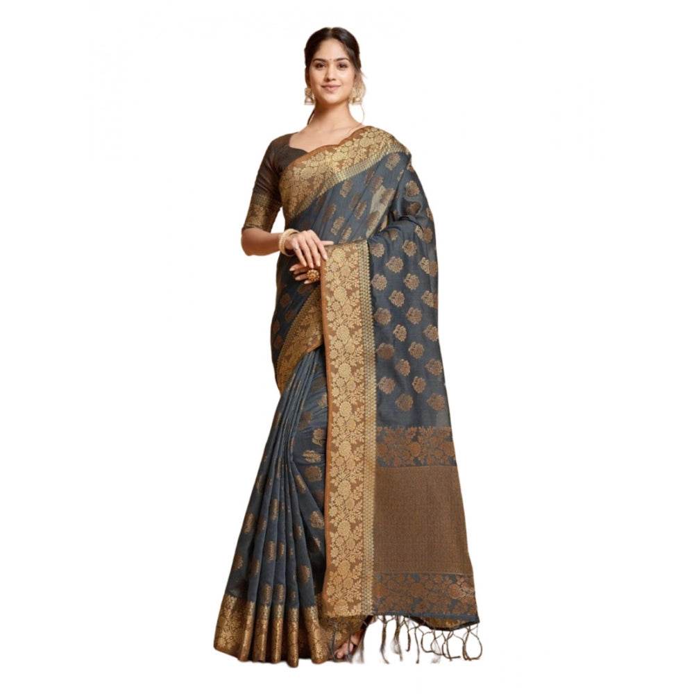 Generic Women's Chanderi Cotton Printed Saree With Unstitched Blouse (Grey, 5-6 Mtrs) - MYLUXURY LANE ENTERPRISE