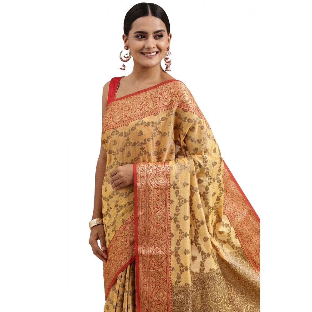Generic Women's Chanderi Cotton Printed Saree With Unstitched Blouse (Yellow, 5-6 Mtrs) - MYLUXURY LANE ENTERPRISE
