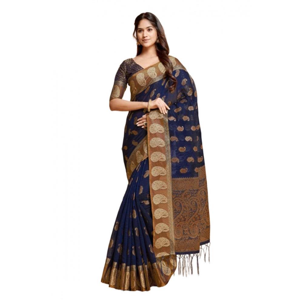 Generic Women's Chanderi Cotton Printed Saree With Unstitched Blouse (Navy Blue, 5-6 Mtrs) - MYLUXURY LANE ENTERPRISE