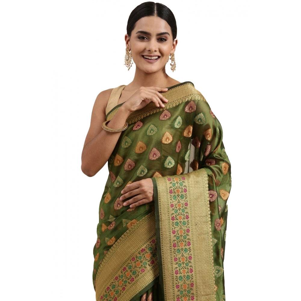 Generic Women's Organza Printed Saree With Unstitched Blouse (Mahendi, 5-6 Mtrs) - MYLUXURY LANE ENTERPRISE