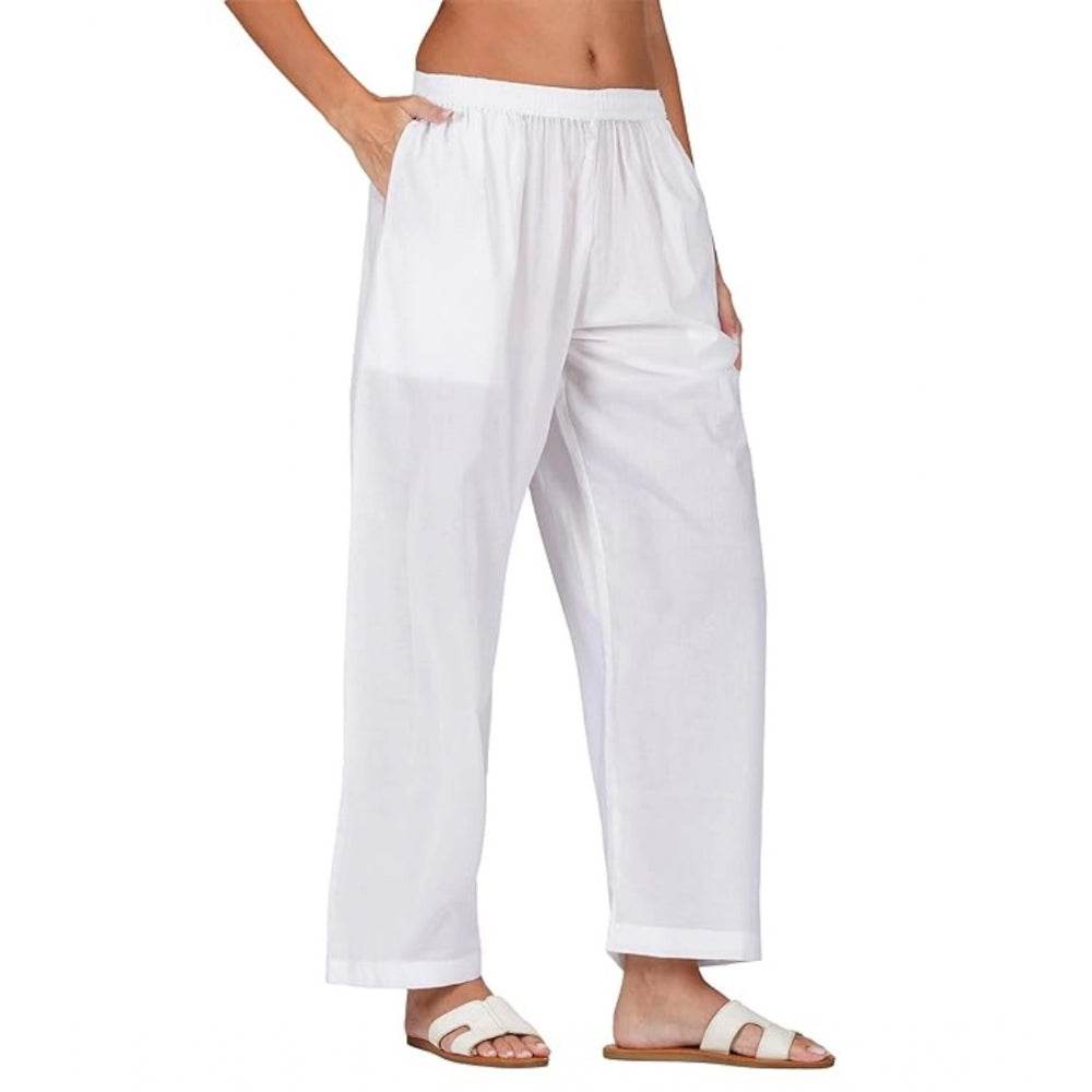 Generic Women's Casual Cotton Cambric Solid Elastic Palazzo Trousers (White) - MYLUXURY LANE ENTERPRISE