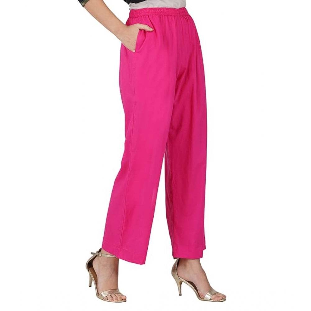 Generic Women's Casual Cotton Cambric Solid Elastic Palazzo Trousers (Pink) - MYLUXURY LANE ENTERPRISE
