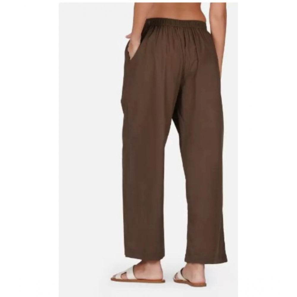 Generic Women's Casual Cotton Cambric Solid Elastic Palazzo Trousers (Brown) - MYLUXURY LANE ENTERPRISE