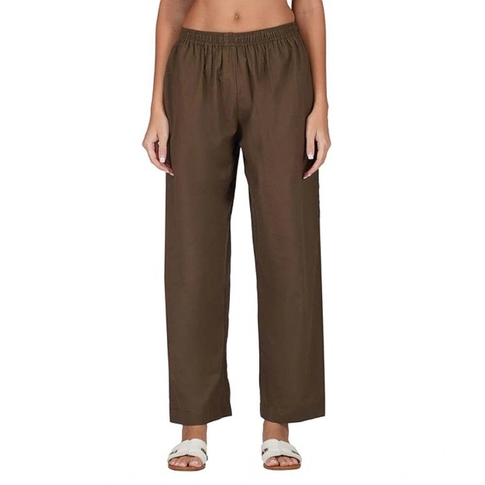 Generic Women's Casual Cotton Cambric Solid Elastic Palazzo Trousers (Brown) - MYLUXURY LANE ENTERPRISE