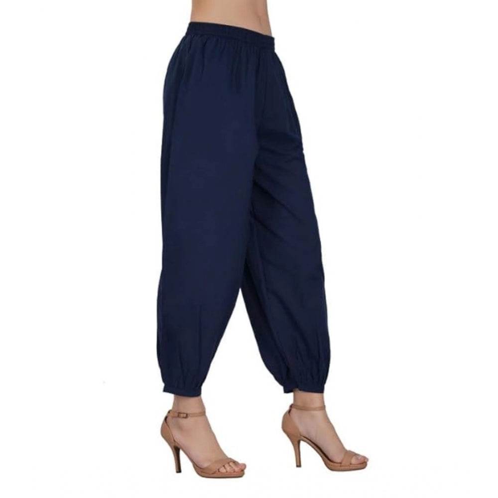 Generic Women's Casual Cotton Cambric Solid Elastic Waist Patiala Harem Pants (Navy Blue) - MYLUXURY LANE ENTERPRISE