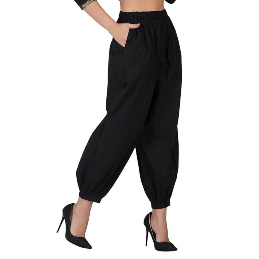 Generic Women's Casual Cotton Cambric Solid Elastic Waist Patiala Harem Pants (Black) - MYLUXURY LANE ENTERPRISE