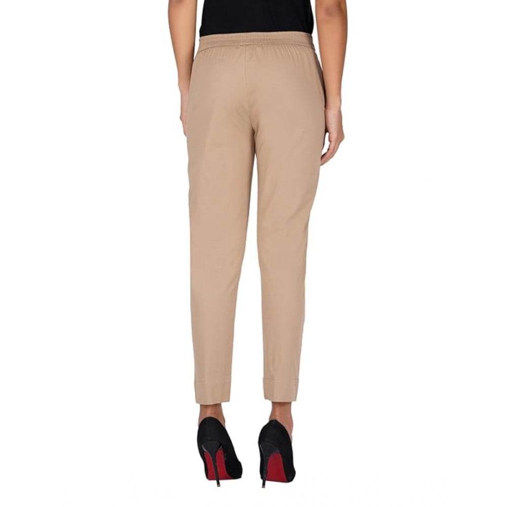 Generic Women's Casual Cotton Lycra Solid Trouser Pants (Beige) - MYLUXURY LANE ENTERPRISE